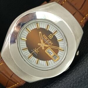 Vintage 1971 Ricoh Automatic Mens Silver Watch W/daydate & Brown accents